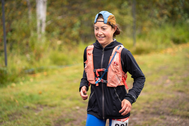 2025 Superior 100 Mile Trail Race Winner Rachel Turi at the Finish - Photo Credit Jamison Swift