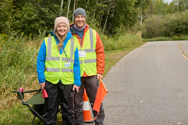 Bill and Mandy Helping at the Road Crossing at Tettegouche SFTR 2025 - Photo Credit Christine Armbruster