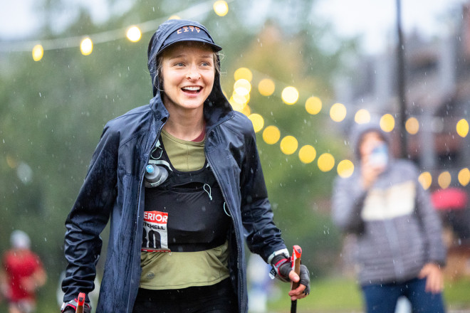 Erica Finishing the 100 in the Rain SFTR 2025 - Photo Credit Scott Rokis