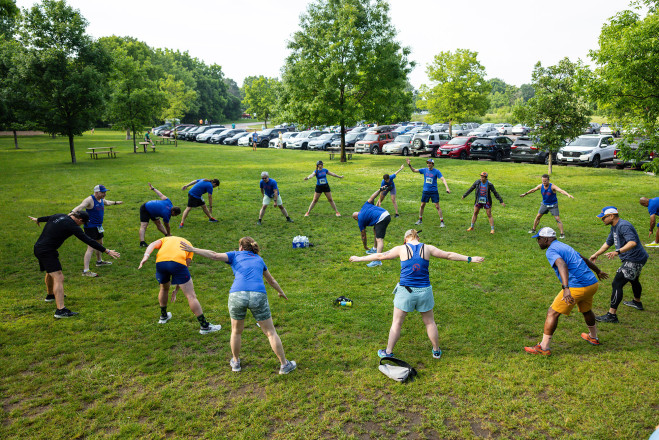 MiMS Distance Team Warming Up at the 2025 French 5KM - Photo Credit Scott Rokis