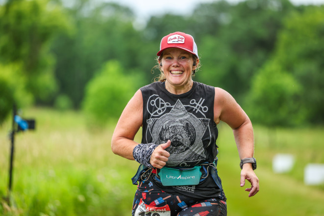 Steph Finishing Afton 50K in 2025 - Photo Credit Scott Rokis